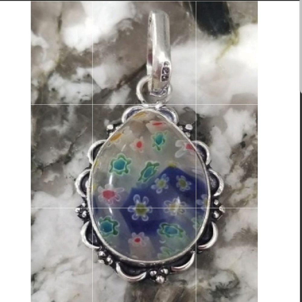 Silver Millefiori flower pendant charm